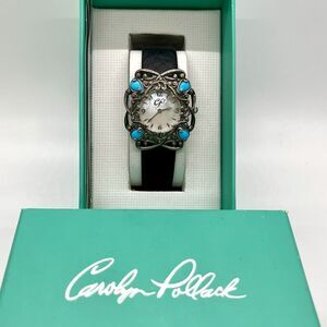 Carolyn Pollack Sterling Silver 925 Turquoise Watch Black Leather Southwestern
